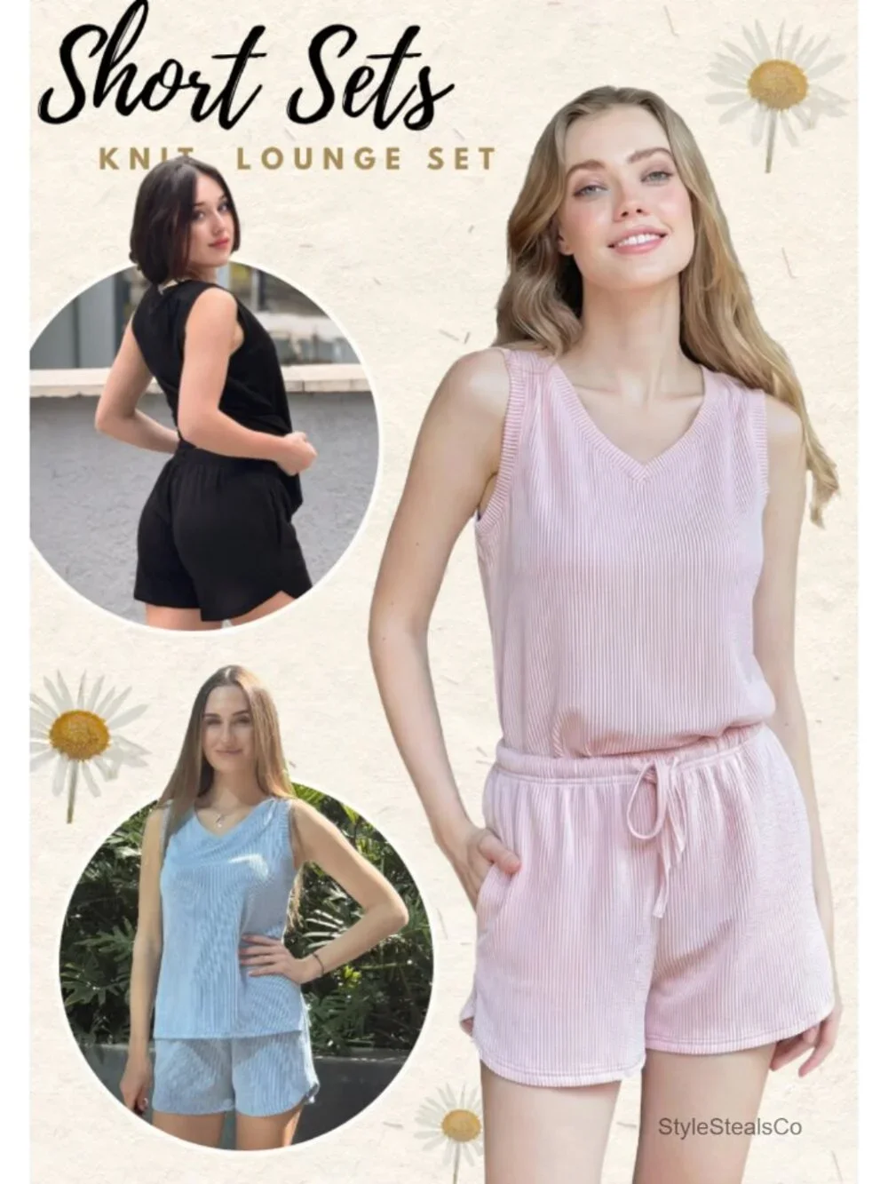 2 Piece Lounge Set Knit Tank Top and Pajama Shorts with Pockets V-Neck
